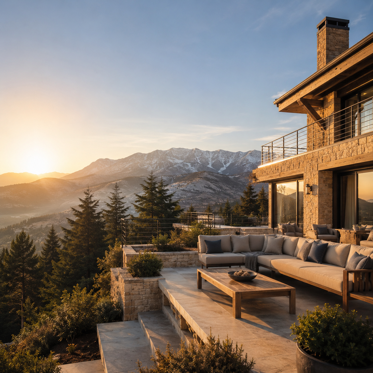 A stone residence framed by cypress trees